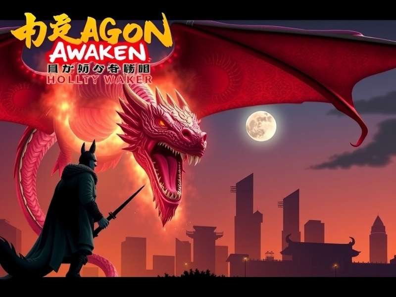 Hollywood Games Dragon Awaken gameplay screenshot showing a majestic dragon and a fantasy cityscape