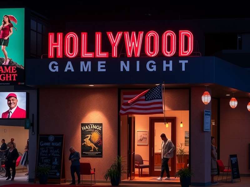 Interior of a glamorous Hollywood-themed casino with chandeliers and gaming tables