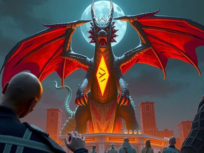 Gameplay screenshot of Dragon Awaken Monolith showing a player riding a frost dragon near a glowing monolith