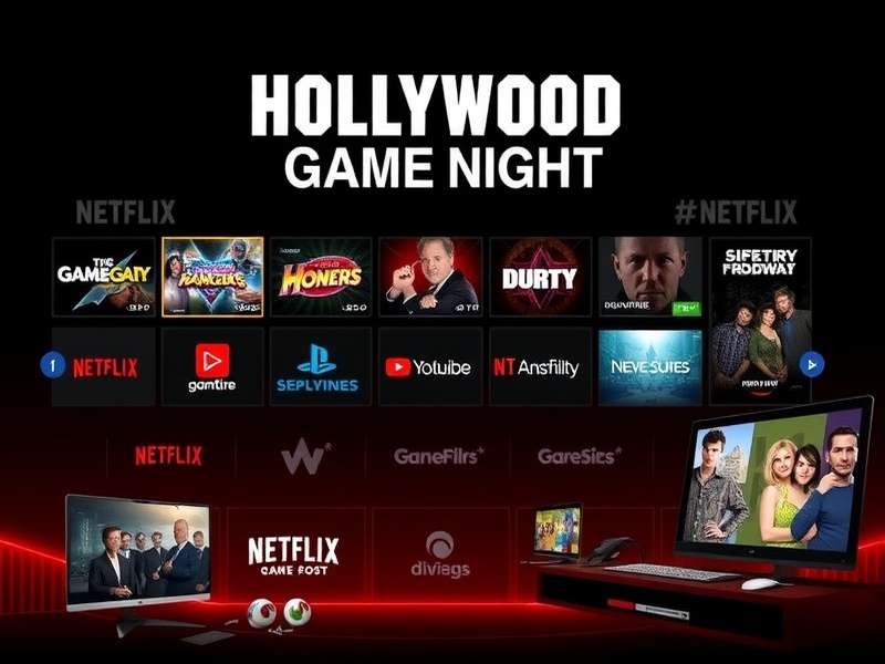 Hollywood Game Night celebrity guests playing a game on set with host Jane Lynch laughing