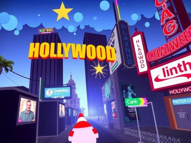 Game Hollywood virtual cityscape with neon lights and iconic landmarks