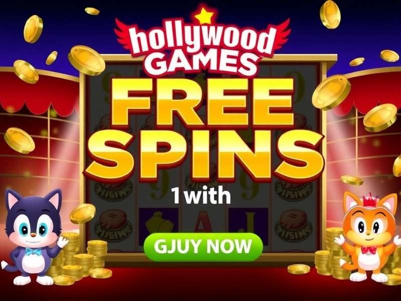 Hollywood themed casino slot game with neon lights and free spins bonus display