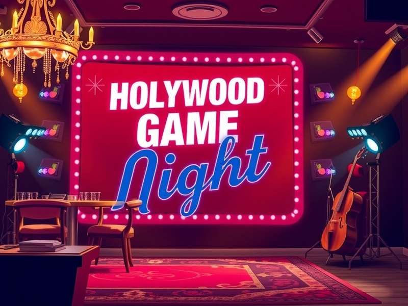 Hollywood Game Night Show Me The Music game show stage with bright lights and music trivia setup